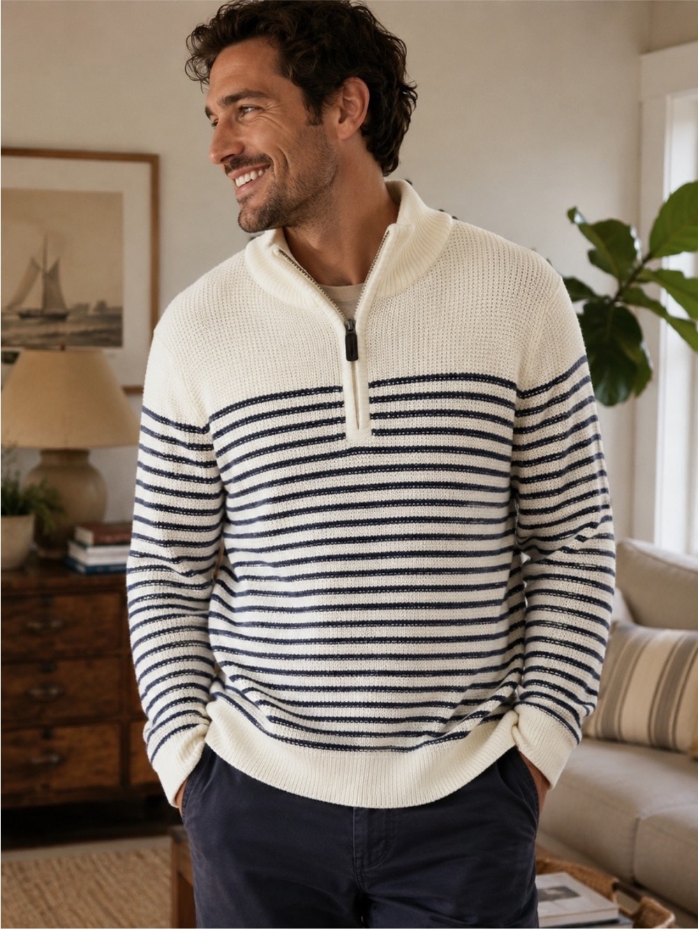 NWT IZOD Luxury Business Men's Cream & Navy Striped Quarter-Zip Sweater Size S